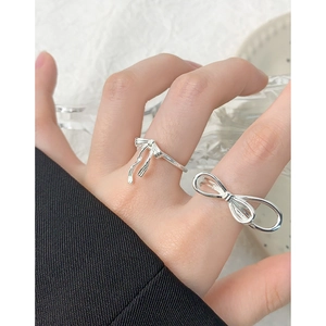 S925 sterling silver double-layer bow ring set with minimalist design for women