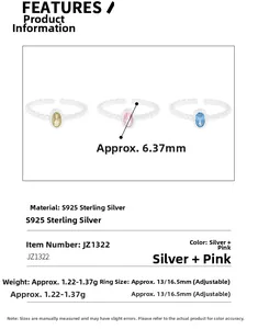 Detailed size specifications for S925 sterling silver rings with oval zircon stones
