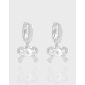 Bowknot Artificial Pearl Hoop Earrings 925 Sterling Silver Minimalist Elegant Jewelry For Women Girls Gift