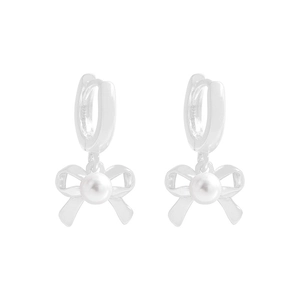 S925 sterling silver bow earrings with elegant white pearl drops on white background
