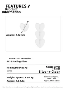 Macro shot of S925 sterling silver asymmetric heart earrings with detailed size dimensions