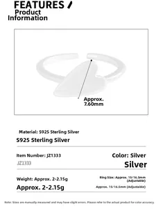 Detail view of adjustable S925 sterling silver heart ring with precise size measurements