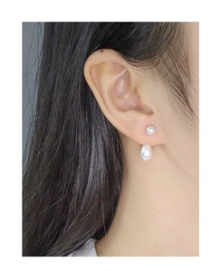 Dettaglio di eleganti orecchini a perno in argento S925 con perle rotonde e a goccia