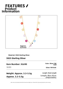 Detailansicht der S925 Sterlingsilber Kette mit bunten 4mm runden Zirkonia Kristallen