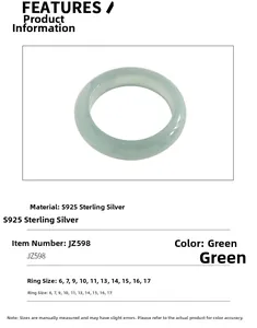 Detail view of JZ598 green jade ring in S925 sterling silver with various size options
