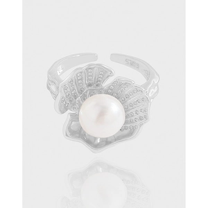 S925 Sterling Silver Seashell Artificial Pearl Adjustable Ring Korean Design Zirconia Inlaid Open Finger Ring Jewelry For Women