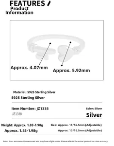 Detail specifications of S925 silver open ring showing key heart charm dimensions