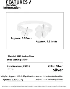 Detailed dimension guide for S925 sterling silver adjustable clover open ring