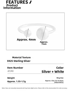 Detail view of S925 sterling silver ring featuring frosted spheres and adjustable open band