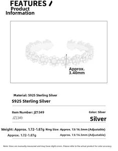 Macro detail of S925 sterling silver daisy ring with adjustable band and product dimensions