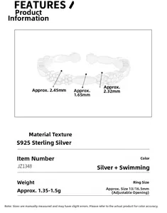 Detail of S925 sterling silver flower ring showing size measurements and weight specs