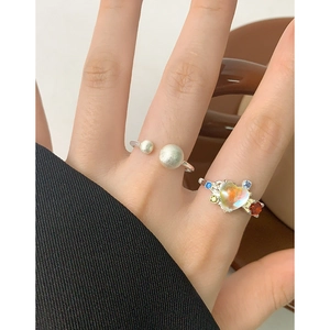 S925 sterling silver matte ball open ring and colorful heart gemstone ring for women