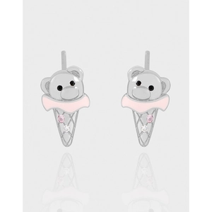 Boucles d'Oreilles Clous Ours Crème Glacée en Argent Sterling 925 Émail Rose Strass Incrusté Bijoux pour Femmes