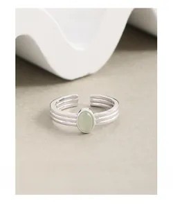Detail of S925 silver ring featuring triple-band texture and oval green gemstone