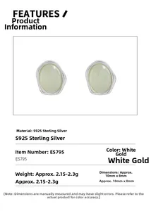 Detailed specs of S925 silver stud earrings featuring green crystal and silver finish