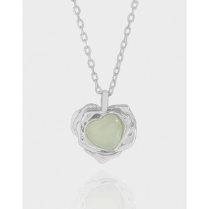 Collier Pendentif Cœur en Argent Sterling S925 pour Femme Texture Plissée Strass Vert Clair Chaîne Clavicule Bijoux Coréen