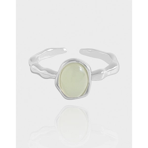 Anello Regolabile Aperto in Argento Sterling 925 per Donna Strass Ovale Verde Chiaro Galvanizzato Anello Minimalista con Motivo a Onde
