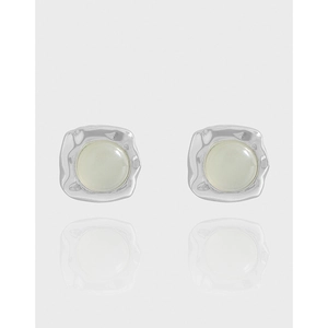 925 Sterling Silver Stud Earrings With Light Green Rhinestone Irregular Pleated Texture Square Earrings For Women Jewelry