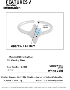 Spécifications de taille de la bague étoile en argent S925 et opale avec dimensions