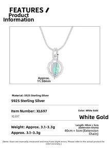 Detail view of S925 sterling silver opal necklace with hollow wreath design and dimensions