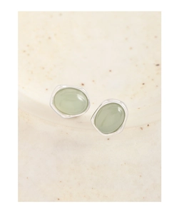 Detailed macro view of S925 silver stud earrings with light green translucent crystals