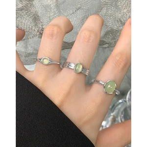 Three-piece S925 silver ring set with light green crystals in minimalist ins style