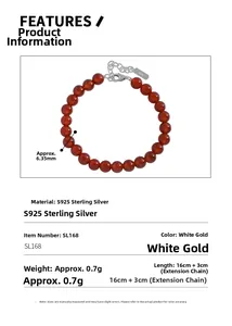Macro shot of 6.35mm red agate bead bracelet with S925 sterling silver clasp and chain
