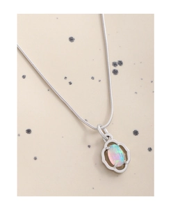 Detail of S925 silver snake chain with hollow floral wreath opal pendant in close-up view