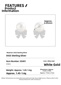 Detailed spec sheet showing S925 sterling silver bow earrings with 6mm pearl size