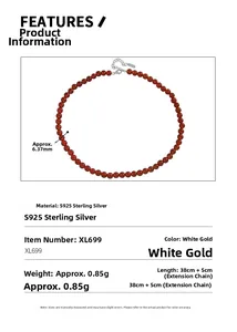 Detail view of red agate beaded necklace with S925 sterling silver clasp and size chart