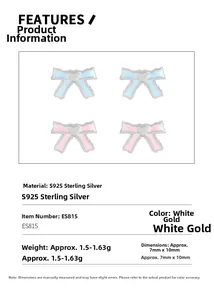 Detailed spec view of S925 silver bow earrings with pink and blue enamel measurements