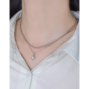 Double-layered S925 silver necklace with bead chain and opal floral wreath pendant