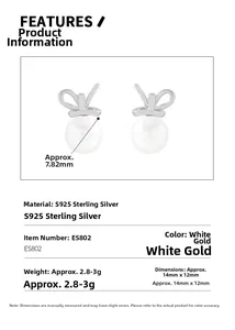Detail specifications of S925 silver bow pearl earrings with precise measurements