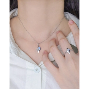 S925 sterling silver starburst necklace and ring set with blue opal gemstones