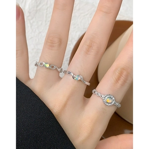 Tre anelli retrò in argento S925 con opale, design a onde e a catena