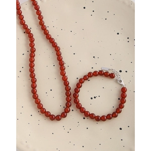 Minimalist S925 sterling silver red agate beaded bracelet and necklace set for women