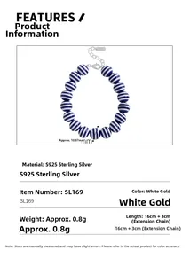 Macro detail of S925 sterling silver clasp and blue navy beads with size specifications