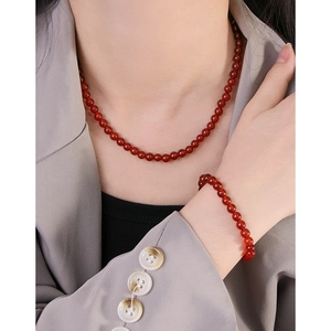 Minimalist S925 silver red agate beaded necklace and bracelet set on model