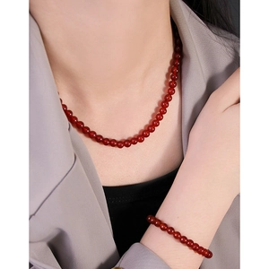Minimalist S925 sterling silver necklace and bracelet set with red agate beads for women