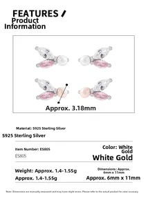 Detailed close-up of S925 silver stud earrings with zircon wings and pink pearl accents