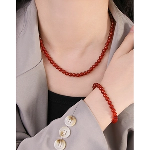 Minimalist S925 silver necklace and bracelet set with polished red agate beads for women