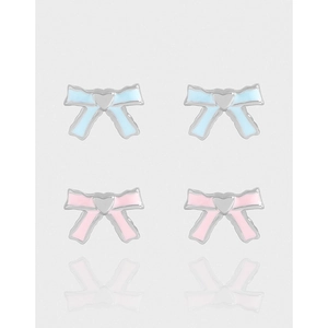 925 Sterling Silver Bowknot Heart Stud Earrings Pink Blue Enamel Sweet Korean Style Fashion Jewelry Accessory For Women