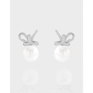 Bowknot Artificial Pearl Stud Earrings With 925 Sterling Silver Earring Post Alloy Ribbon Knot Round Artificial Pearl Earrings For Women Jewelry
