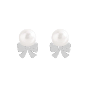 Elegant S925 silver bow stud earrings with glossy white pearls on white background