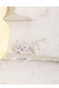 Macro view of S925 sterling silver stamp on flower pearl stud earrings with zircon