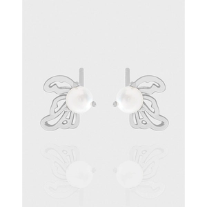 Hollow Butterfly Wing Artificial Pearl Stud Earrings With 925 Sterling Silver Earring Post Korean Minimalist Jewelry For Women