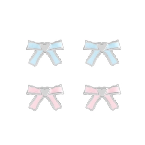 Cute S925 silver bow stud earrings with pink and blue glaze and heart detail