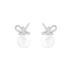 Elegant S925 sterling silver ribbon bow earrings with round white pearls on a clean white background
