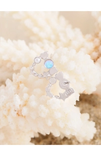 Macro detail of S925 sterling silver star earrings with blue opal and white pearls
