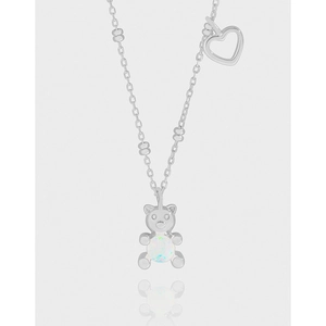 S925 Sterling Silber Teddybär Herz Anhänger Halskette Elegant Koreanisch Stil Synthetischer Opal Tierkette Für Damen Schmuck